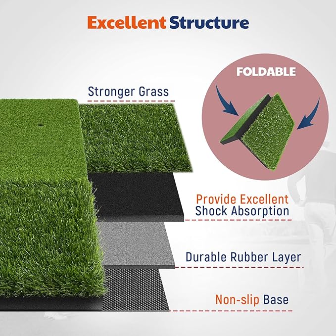 JAYA Golf Hitting Mat with Heavy Rubber Base, Foldable Golf Practice Mat for Indoor and Outdoor Training, Fairway & Rough Turf for Swing and Chipping