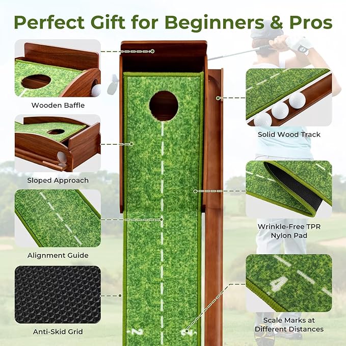 Indoor Golf Putting Mat with Putter & 5 Balls, Auto Ball Return Set, Velvet Matt for Home, Office, Backyard, Golf Gift