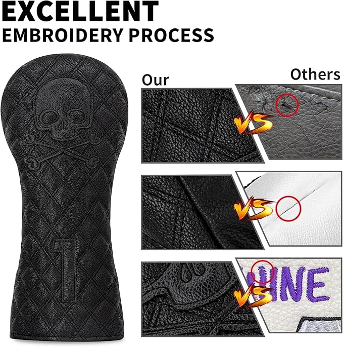 Grid Black Line Skull Golf Club Covers – Driver Headcover, Fairway Wood & Hybrid, 3 Wood Headcover, Black Skull Leather, Waterproof Easy-Clean, Universal Fit The Most Brands