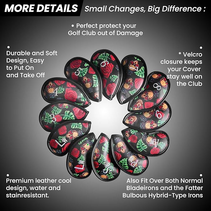 Golf Club Covers Iron Value 12 Pack Stylish Synthetic Leather Headcover, Embroidery Numbers Head Covers Universal Protector Fit Main Iron Wedge Clubs, Accessories Travel for Men Women