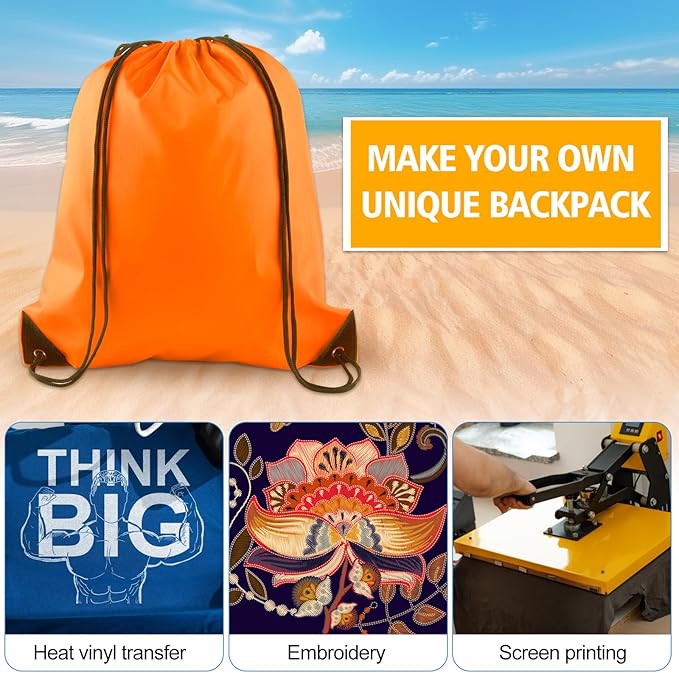 KUUQA 12 Pcs Drawstring Backpack Bags Bulk Orange Drawstring Bag Foldable Gym Bag Sports Cinch Sack String Backpack Storage Bags for Women Men Shopping Gym Travel Sports