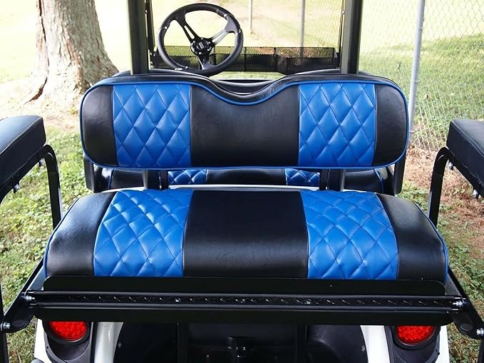 Huskey 4PCS Golf Cart Front/Rear Seat Covers for Club Car DS 2000.5 UP G&E Models Custom Two-Tone Black/Blue Diamond Stitching with Blue Piping, Marine Grade Vinyl Material, Staple on Design