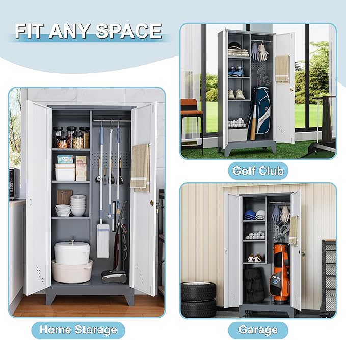 Metal Golf Bag Storage Cabinet, Golf Storage Organizer for Garage, Golf Bag Stand Rack with Locking Doors, Golf Club Organizer for Bag, Shoes, Golfing Accessories, Sports Equipment
