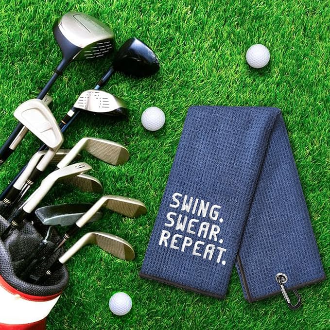 DYJYBMY Swing Swear Repeat Funny Blue Golf Towel, Embroidered Navy Bags Clip, Men, Birthday Golf Fan Gift