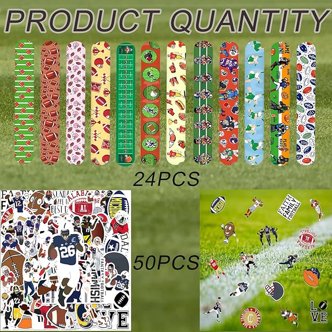 74Pcs Football Theme Party Favors Contain 24 Pcs Slap Bracelets 50Pcs Stickers, Sports Football Theme Birthday Party Decorations,Classroom Rewards Supplies.