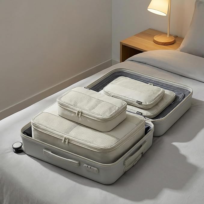 4 Piece Compression Packing Cubes for Suitcases and Backpack, Lightweight Travel Organizer Bags (Off White)