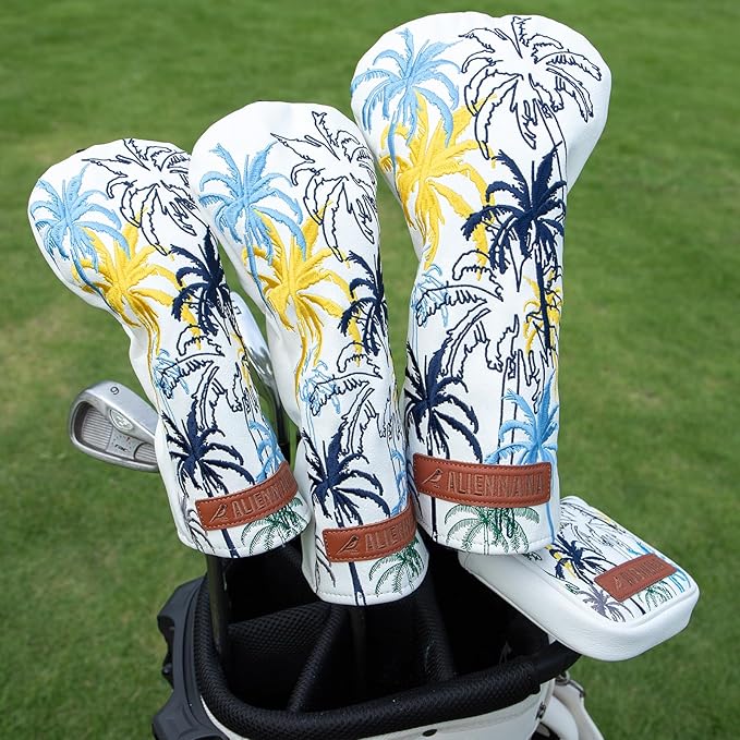 Golf Club Head Covers 3 Wood Headcover Hawaii Coconut Tree Style Elegant Embroidery Premium Leather Waterproof Driver Cover Fairway Wood Cover Hybrid Cover with Number Tags