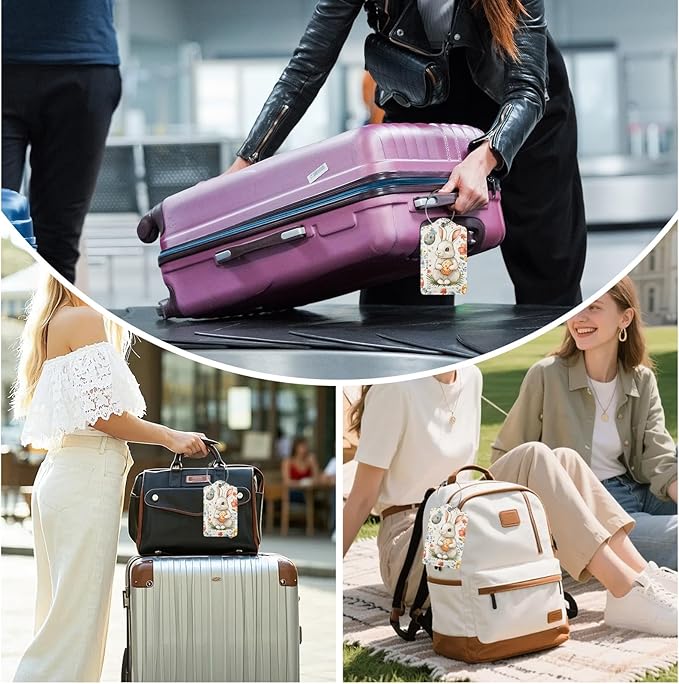 3 Pack Easter Bunny Eggs Luggage Tags for Suitcase Flowers PU Leather Travel Luggage Tag Privacy Cover ID Label for Women Men Baggage Backpack Handbag School Bag