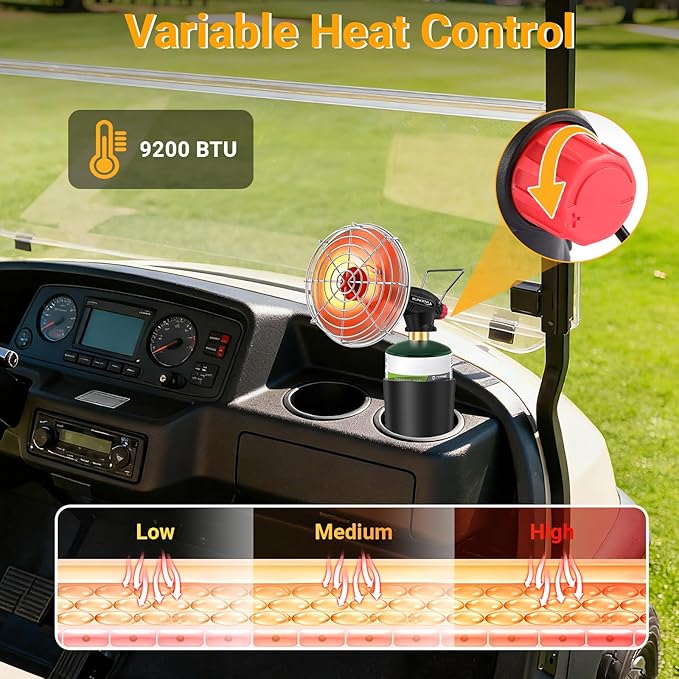 Golf Cart Heater,9,200BTU Portable Propane Camping Heater,2-in-1,with Cup Holder&Foldable Propane Cylinder Stand for EZGO Yamaha Club Car,Camping,Tents,Hunting,Ice Fishing(Fuel Cylinder not included)