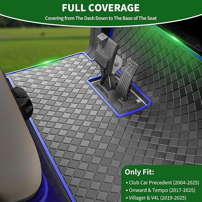 Golf Cart Floor Liner Mat 8mm Thick Rubber Full Coverage Fit for Club Car Precedent 2004-2025 / Onward & Tempo 2017-2025 / Villager & V4L 2019-2025 Carts Upgraded Non-Slip Mats Replacement