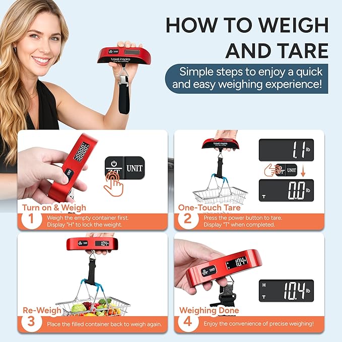 travel inspira Luggage Scale, Portable Digital Hanging Baggage Scale for Travel, Suitcase Weight Scale with Rubber Paint, 110 Pounds, Battery Included