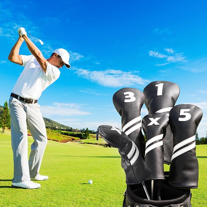 Golf Club Covers,4pcs or 1pc Golf Headcovers for Woods and Driver Fairway Hybrids Women Men - Premium PU Leather with Interchangeable Tags & Magnetic Blade and Mallet Putter Covers