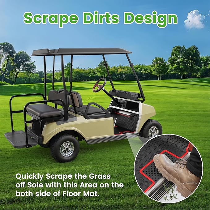 Club Car DS Floor Mat Full Coverage Liner Mats Replacement Non-Slip Heavy-Duty 6mm Rubber Design, Easy to Clean, Fits Club Car DS 1982-2013 / Villager 1982-2018, Black with Red