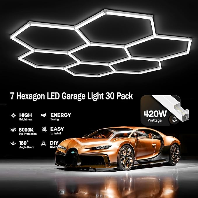 31Lights LED Hexagon Honeycomb Lights,7-Hex Honeycomb Lights 48800Lumens Hexagon DIY Super Bright Car Detailing Ceiling 488W LED Shop Light for Warehouse Workshop Gym Basement