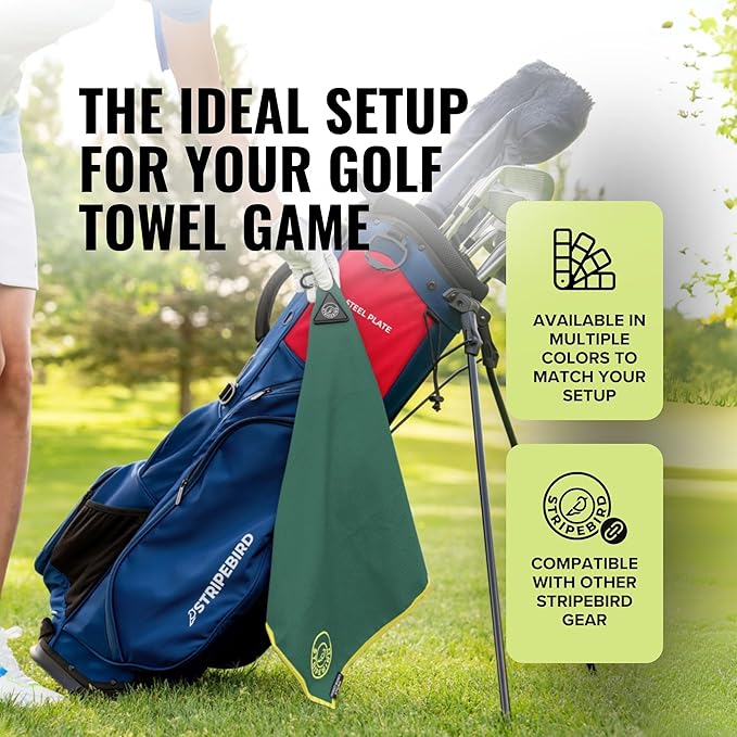 Stripebird - Magnetic Golf Towel (Green) - Microfiber Golf Towel with Built-in Ultra-Strong Neodymium Magnetic Towel - 18" x 18" Golf Bag Towel
