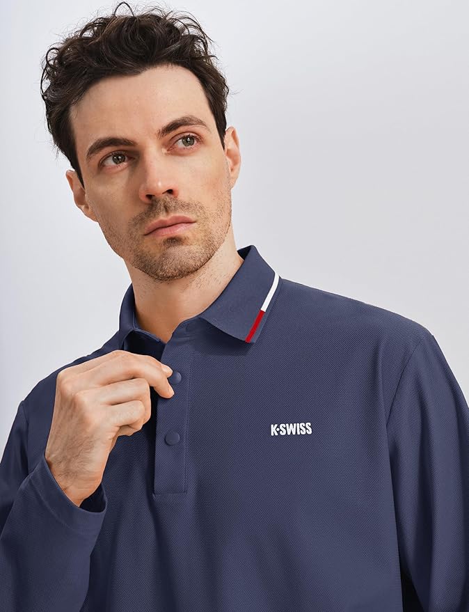 K-Swiss Men's Long Sleeve Polo Shirts - Golf Tennis Dry Fit Performance Moisture Wicking Casual Collared