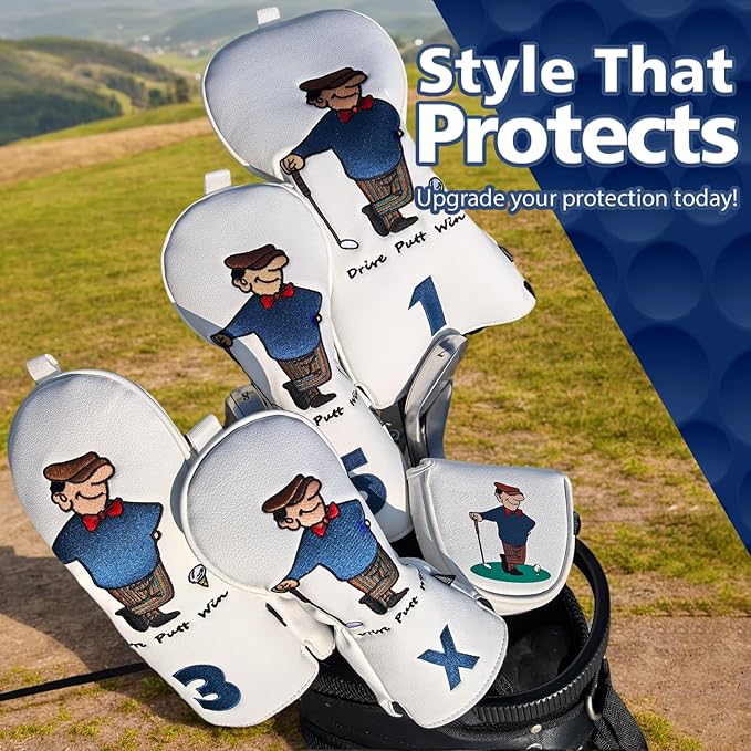 Golf Club Cover for Driver Fairway Wood Hybrid Mallet Putter Cover, Wootfairy Golf Club Headcovers Waterproof Leather White Accessories Compatible with Taylormade Odyssey and More Brand