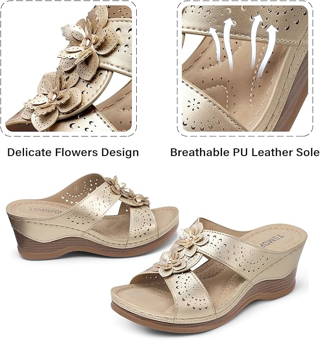 TEMOFON Womens Wedge Sandals Leather: Dressy Sandal, Rubber Sole, Comfortable Walking, Casual Slip on Summer Shoes, Size 5-11