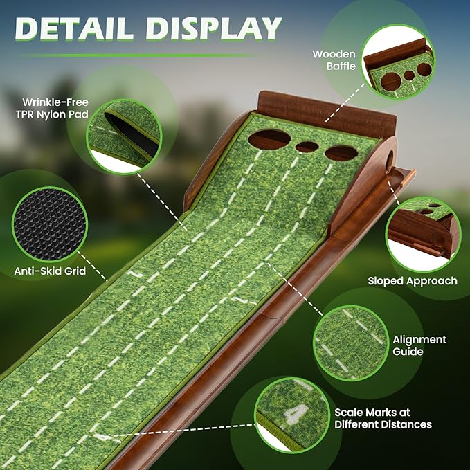 ULTIMATE Indoor/Outdoor Golf Putting Mat, Golf Putting Green w/Automatic Ball Return System, Putter Alignment Guides for Training & Practicing, Golf Practice Equipment for Home & Office (3-Holes)