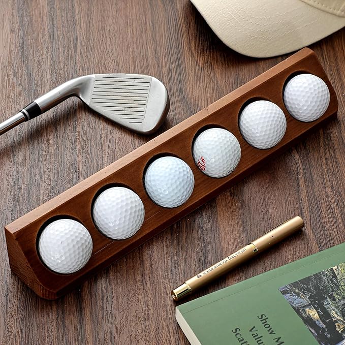 Golf Ball Display Case 6 Standard Size Wooden Wall Mount Golf Ball Stand Holder Display for Collector Sport Memorabilia Accessories Gift Office Tabletop Decor(Walnut Color,1 Pack)