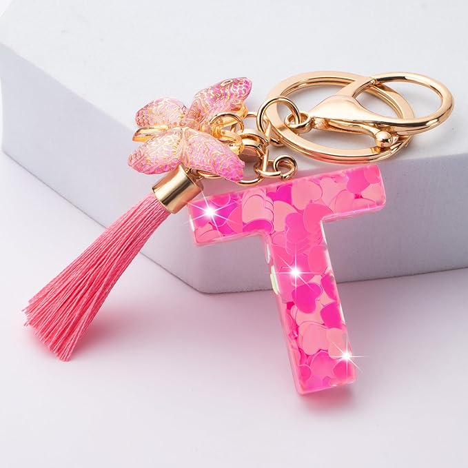 Suweibuke Colourful Cute Initial Letter Keychains for Women Girls with Tassel Butterfly, Charm for Purse Handbags Backpacks