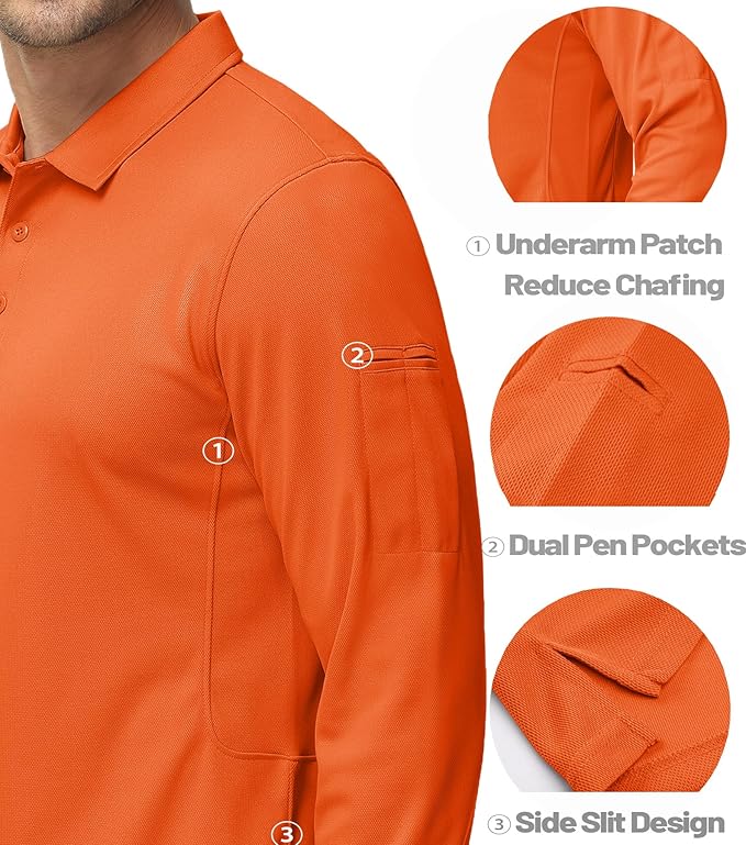 MAGCOMSEN Men's Polo Shirts 3 Button Quick Dry Performance Long Sleeve Tactical Shirts Pique Jersey Golf Shirt
