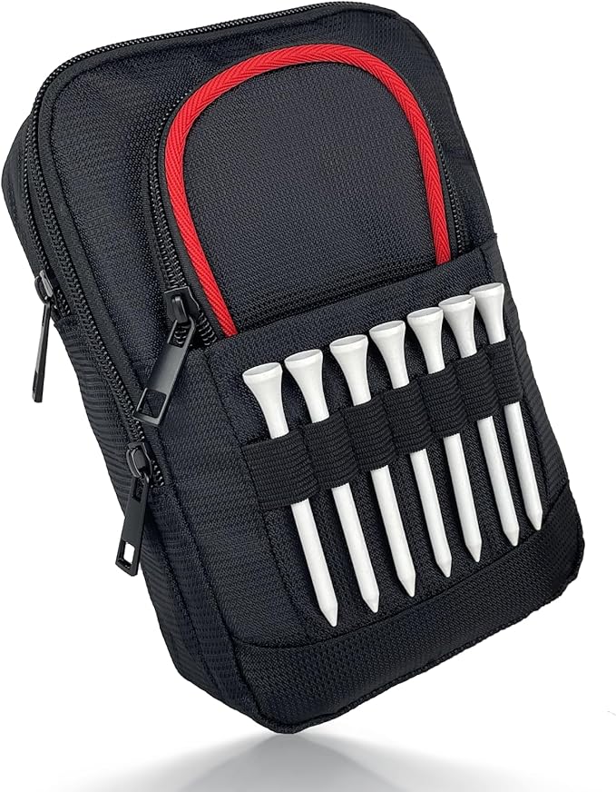 Golf Pouch Accessory Organizer, Portable Golf Valuables Bag, Zippered Multi-Pocket Storage Bag, Can Store Small Tools Such As Balls, Tees, And Rangefinder (Red Trim)