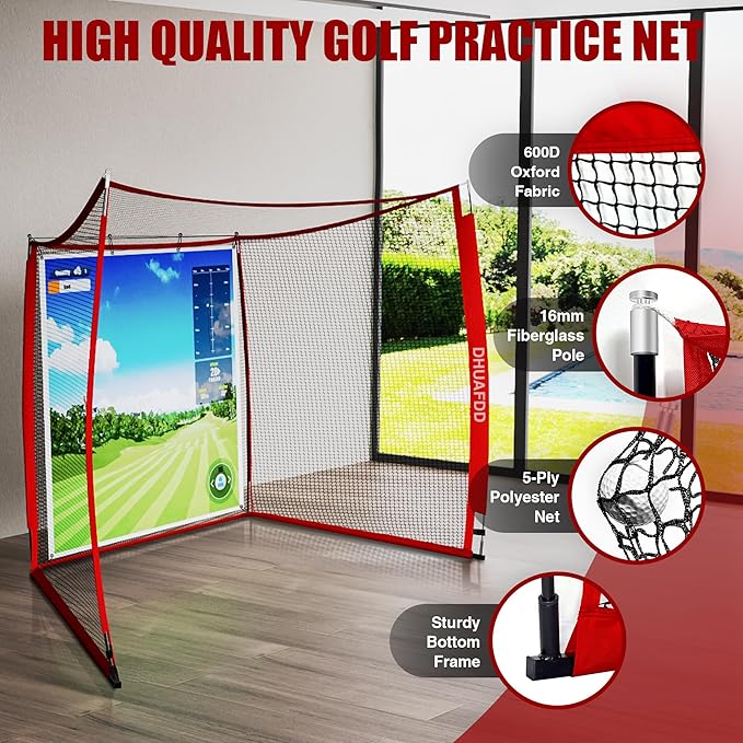 Golf Net with HD Simulator Screen 10 X 8 ft Golf Hitting Net Cage with Impact Screen & Target Cloth for Home Backyard Garage Swing Training Indoor Outdoor Use by DHUAFDD