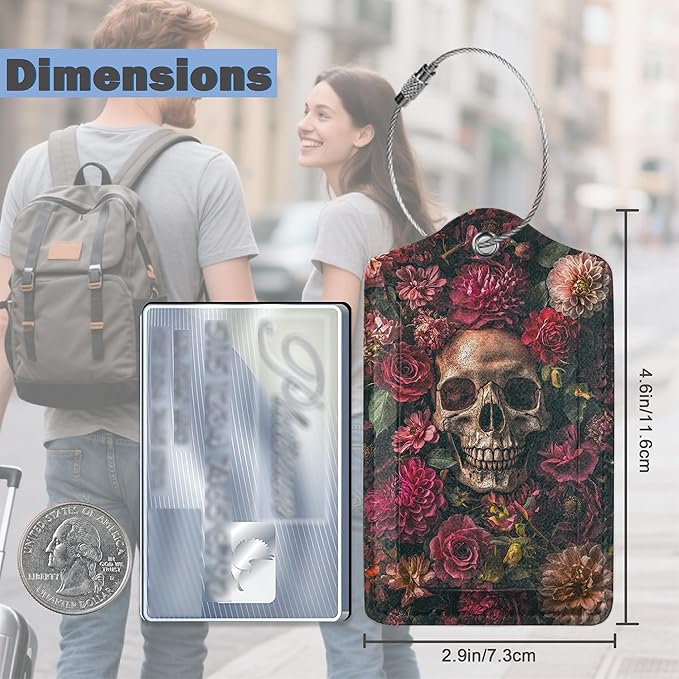Luggage Tags for Suitcases Durable Leather Luggage Tags Cute Travel Name Tags for Cruise Ships Travel Essentials 3 Pack (Skull Flowers)