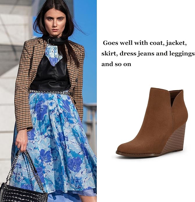 LAICIGO Womens V Cut Wedge Ankle Booties Zip-up Closed Toe Stacked Heel Faux Suede Winter Boots