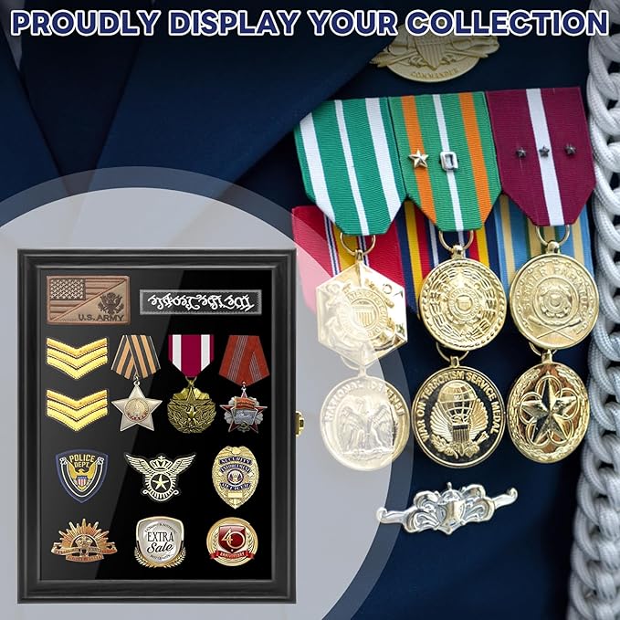 PiaoHao 15.4"X 11.2" Pin Display Case Medal Shadow Box with 98% UV Protection for Military Medals, Beach Tags, Jewelry Pins, Pin Gift, Insignia Ribbons, Pin Enthusiast Collectibles Black Finish