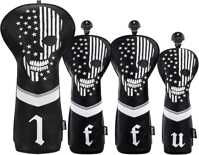 mytag Skull Skeleton Golf Head Covers Black Synthetic Leather Golf Headcovers Set Fits Driver Fairway Wood Hybrid/Utility Putter Iron Wedge Headcover