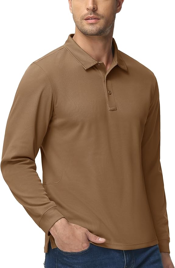 MAGCOMSEN Men's Polo Shirts 3 Button Quick Dry Performance Long Sleeve Tactical Shirts Pique Jersey Golf Shirt