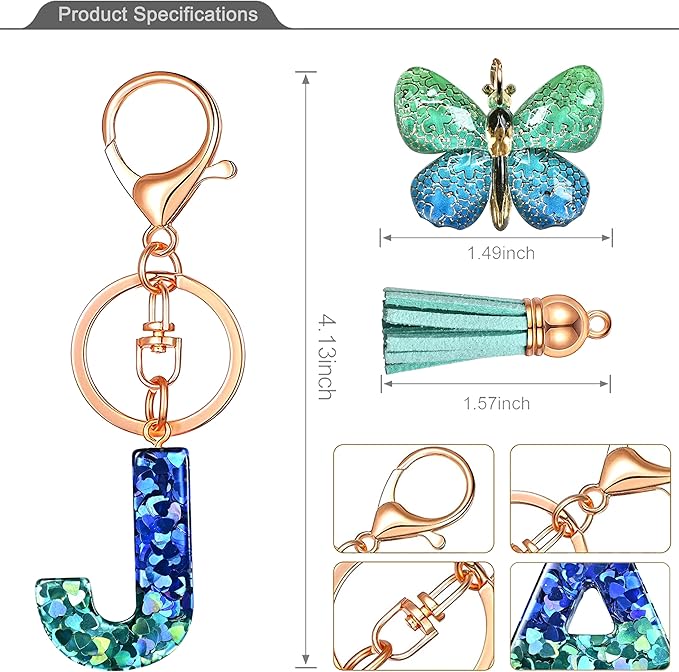JINGUAZI Initial letter Keychains for Women Tassel Butterfly Pink Purple Cute Car Keychain for Wallet Backpack bag charm