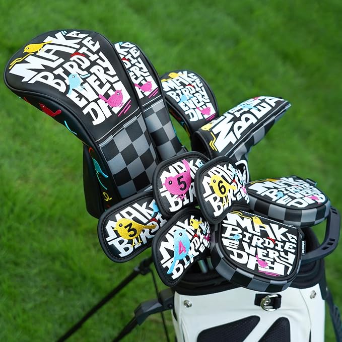 Craftsman Golf Make Birdie Everyday Black and Gray Checkers Golf Club Headcover for Woods and Driver Hybrids Irons Protector Putter Covers