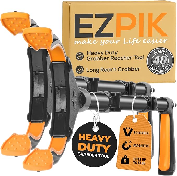 EZPIK Classic 40" Flexible Folding Grabber Tool for Elderly + Magnets, Reacher for Disabled & Seniors Heavy Duty Rotating Grippers for Reaching Underneath, Trash Grabbers & Pickers for Mobility 2-Pack