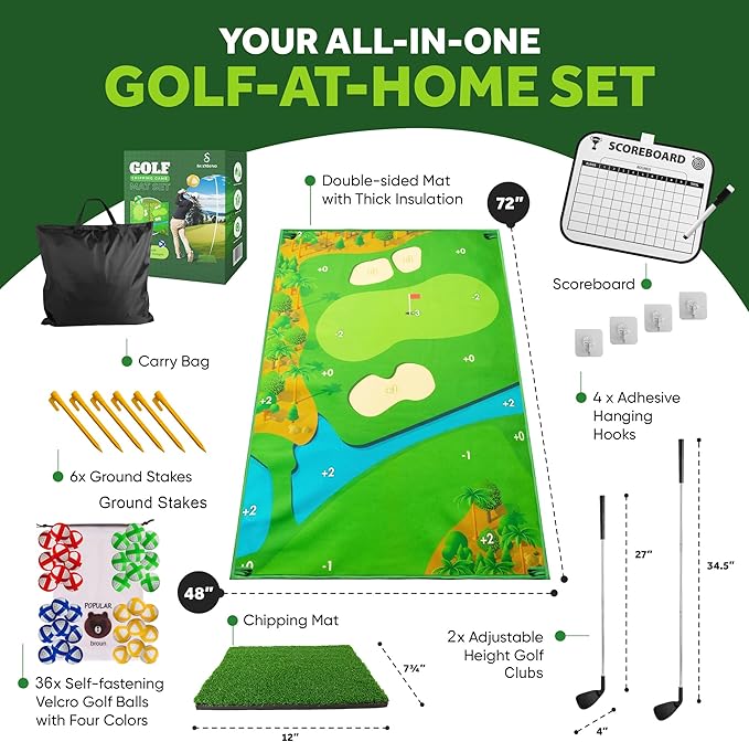 Battle Golf Game - Dual-Sided Mat, Realistic Course Design & Scoring System, Adjustable Height Clubs - Thick Grass-Like Chipping Mat for Indoor/Outdoor Family Golf Activity