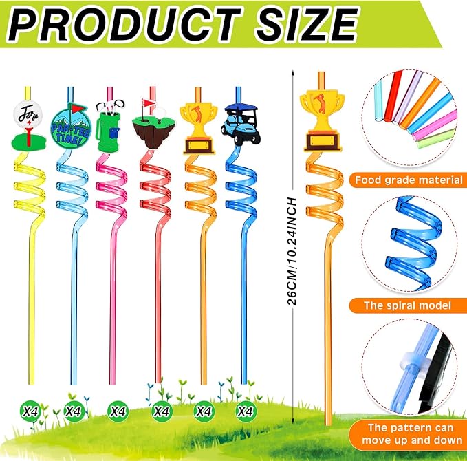 24 Pack Golf Party Decorations Favors Straws Golf Theme Birthday Party Supplies Par Tee Fore Time Decorative PET Drinking Straws Sports Themed Decorations for Shower Retirement