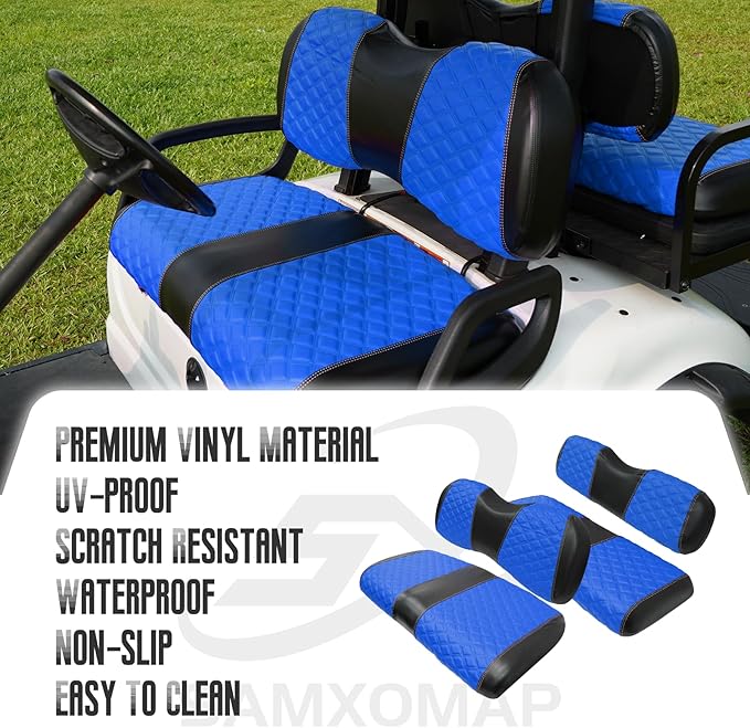 Golf Cart Front and Rear Seat Covers Waterproof and Sun Resistant Marine Grade Vinyl Leather Seat Cover Accessories for Yamaha Drive 2007-2016/Drive 2 2017+,Blue(4PCS)