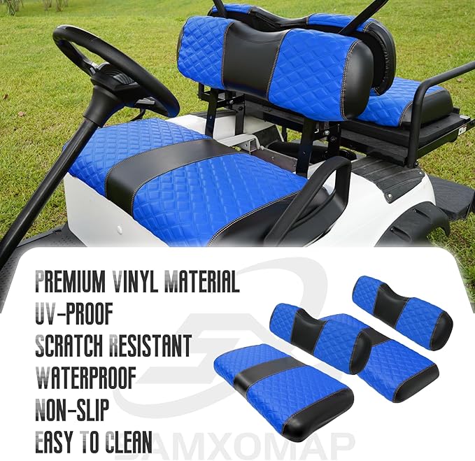 Golf Cart Front and Rear Seat Covers Waterproof and Sun Resistant Marine Grade Vinyl Leather Seat Cover Accessories for EZGO TXT 1994-2013,Blue(4PCS)