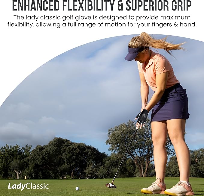 Mesh Half Golf Glove for Women – Premium Cabretta Leather Palm, Breathable Mesh Back, Half-Finger Design Ladies Golf Glove for Enhanced Grip & Comfort