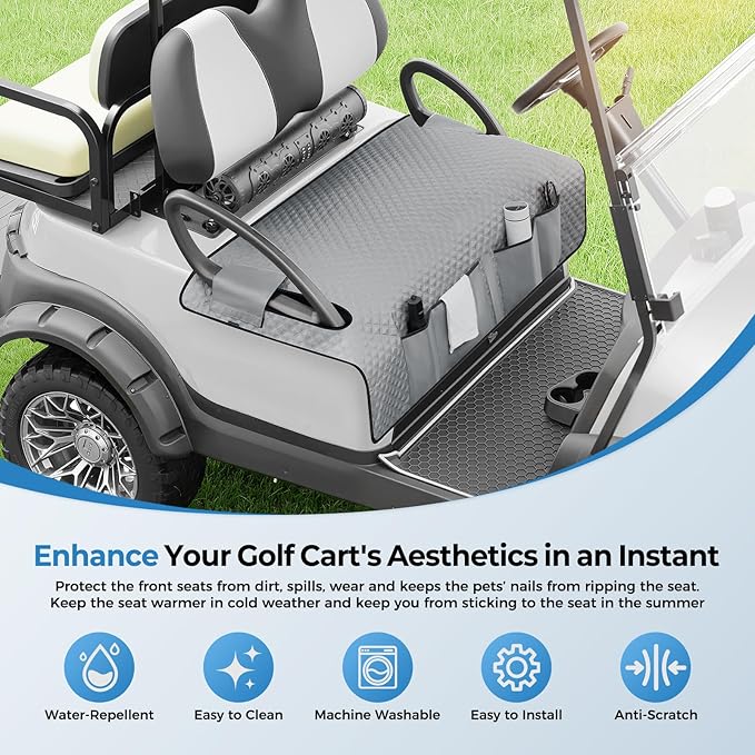 Tecoom Golf Cart Seat Covers, Universal Golf Cart Seat Towel Blanket with Armrest Strap 4 Pockets Non-Slip Bottom, Fits Club Car, EZGO, Yamaha, and More Front Seats, Protect Seats from Pet-Scratch Sun