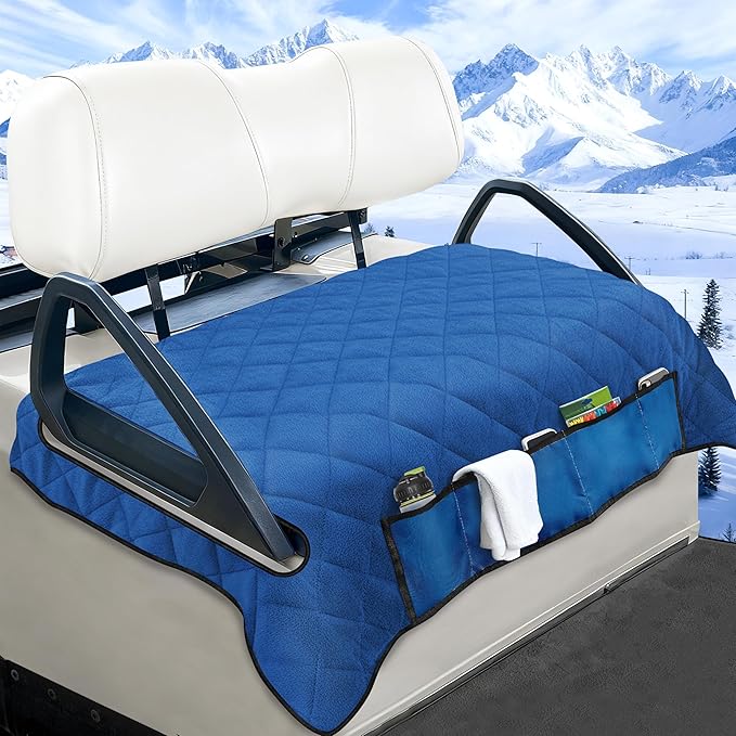 YOKYHOM Golf Cart Seat Covers with 4 Front Pockets, Thick and Non-Slip Golf Cart Seat Towel Blanket, Fits for EZGO, Yamaha, Club Car and More 2 Seats Golf Carts, Blue