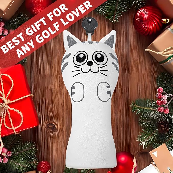 Golf Kitty Head Cover Golf Club White Leather Headcovers 1pc/4pcs Set Fits Driver Fairway Wood Hybrid Utility Putter Iron Wedge Headcover.