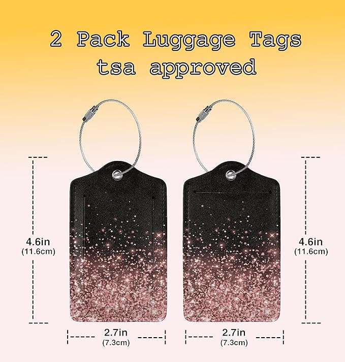 Leather Luggage Tags for Adults Teens,2 Pack Rose Gold Glitter Travel Bag Suitcase Labels with Stainless Steel Loop ID Tags Card Baggage Bag Label