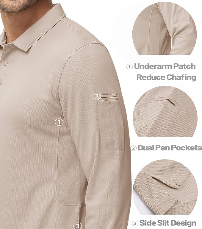 MAGCOMSEN Men's Polo Shirts 3 Button Quick Dry Performance Long Sleeve Tactical Shirts Pique Jersey Golf Shirt