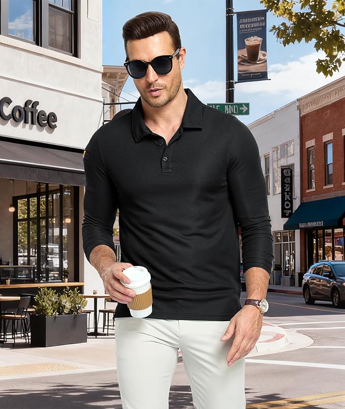 Men's Long Sleeve Polo Shirts 3 Button Down with Pocket Classic Golf Breathable Solid Color Designed Collared Casual Tee