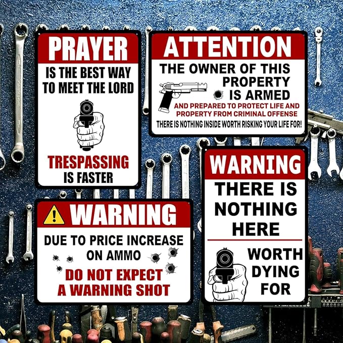 4 Pack Funny No Trespassing Sign Gun Signs No Tresspassing Private Property Metal Tin Signs Warning Signs For Property Warning Signs For Home Funny No Trespassing Signs Private Property 8x12 Inch
