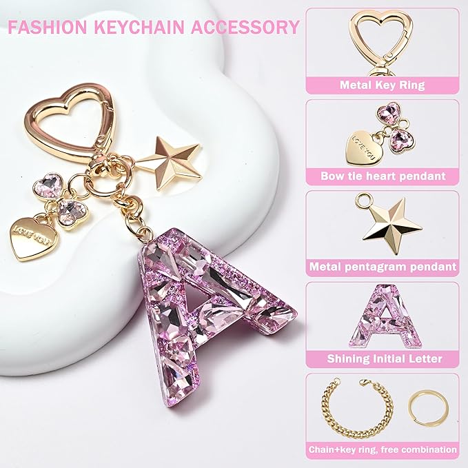 Cute Bling Keychain initial Letter Butterfly Star Pink Purple Gift for Women Girls Bag Cup Charms Accessories