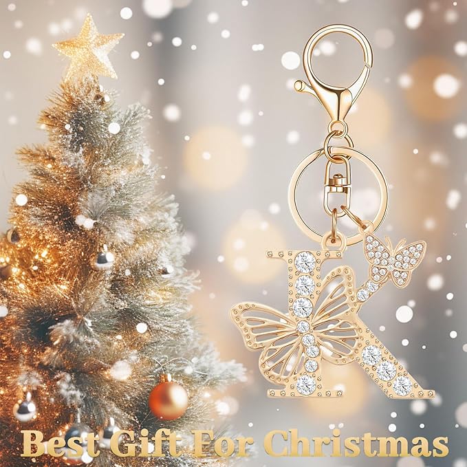Gold Plated Alphabet Initial Letter Keyring Keychain for Women Girls Crystal Key Chains for Wallet Backpack Bag Charm